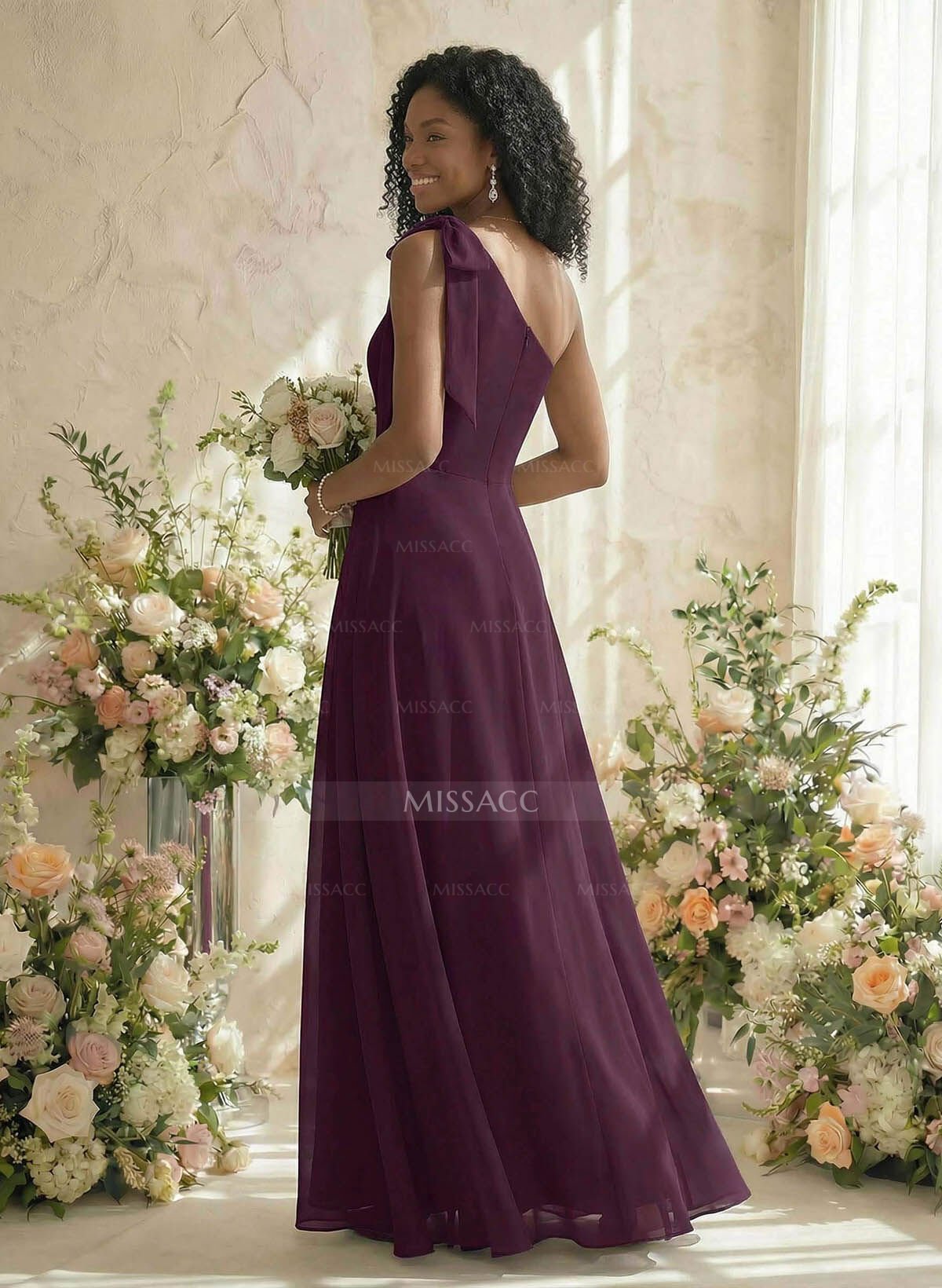 A-Line One-Shoulder Sleeveless Floor-Length Chiffon Bridesmaid Dresses
