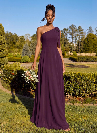 A-Line One-Shoulder Sleeveless Floor-Length Chiffon Bridesmaid Dresses