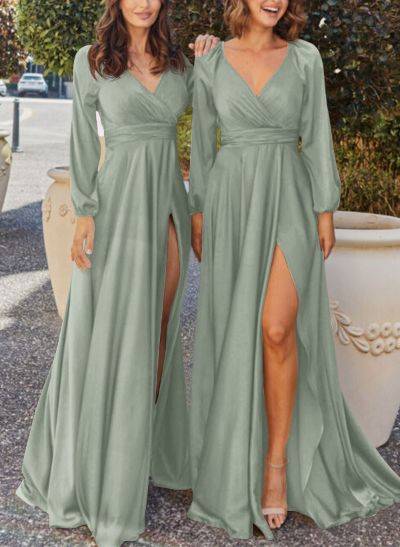 A-Line V-Neck Long Sleeves Silk Like Satin Bridesmaid Dresses With Split Front