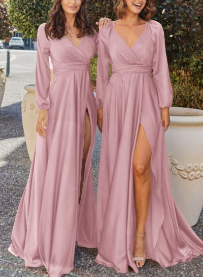 A-Line V-Neck Long Sleeves Silk Like Satin Bridesmaid Dresses With Split Front