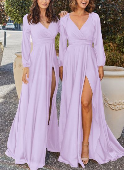 A-Line V-Neck Long Sleeves Silk Like Satin Bridesmaid Dresses With Split Front