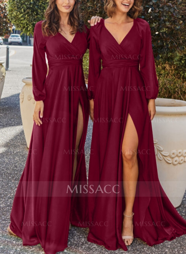 A-Line V-Neck Long Sleeves Silk Like Satin Bridesmaid Dresses With Split Front