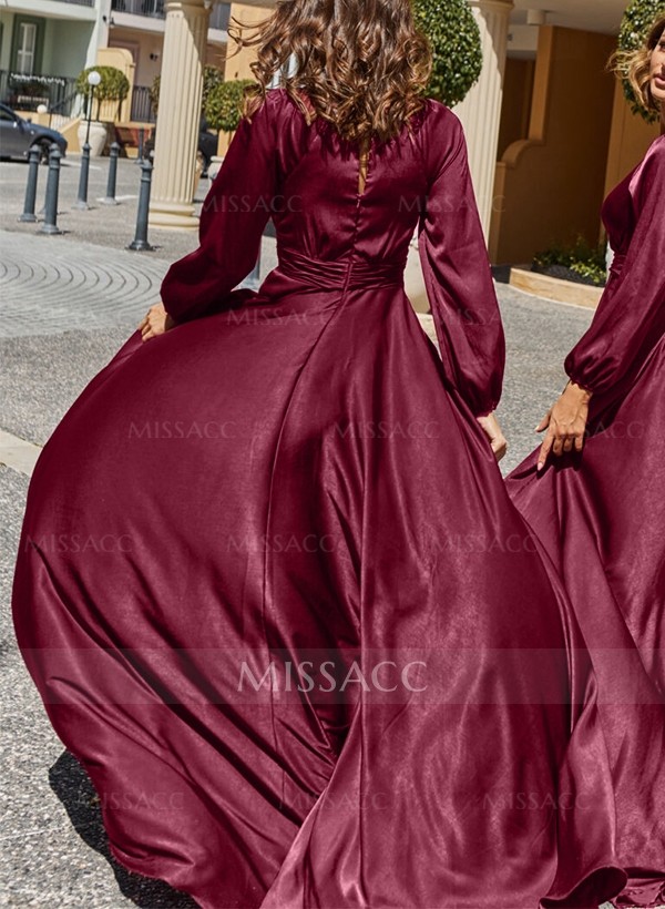 A-Line V-Neck Long Sleeves Silk Like Satin Bridesmaid Dresses With Split Front