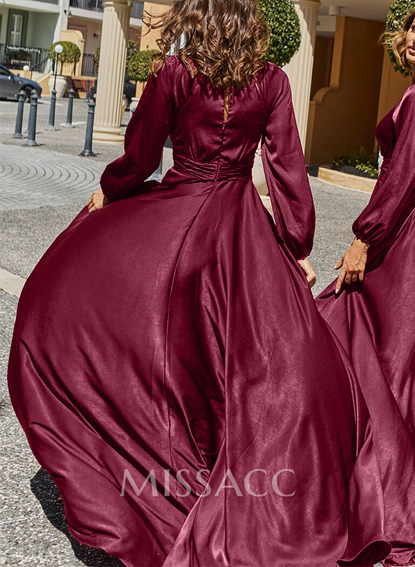 A-Line V-Neck Long Sleeves Silk Like Satin Bridesmaid Dresses With Split Front