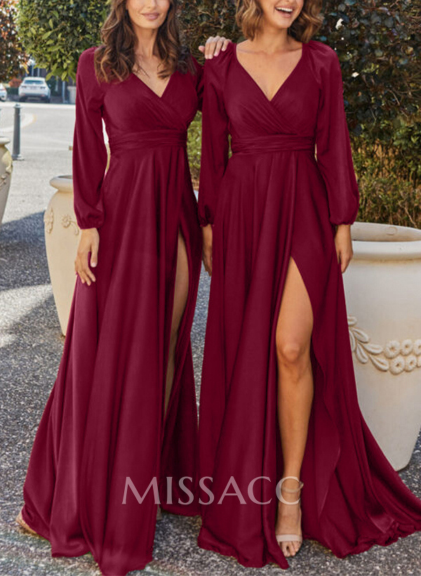 A-Line V-Neck Long Sleeves Silk Like Satin Bridesmaid Dresses With Split Front