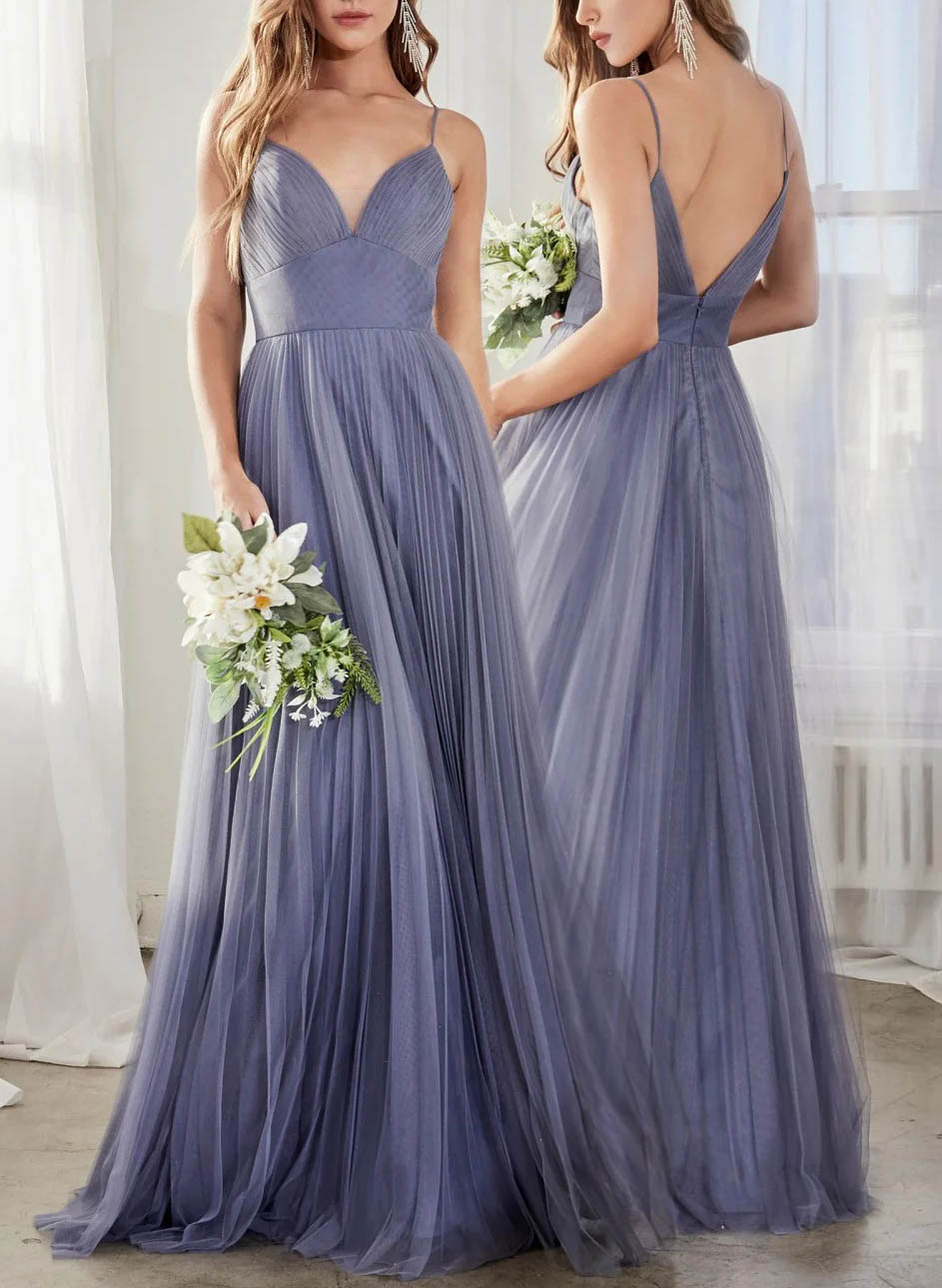 Pleated Tulle A-Line Open Back Bridesmaid Dresses