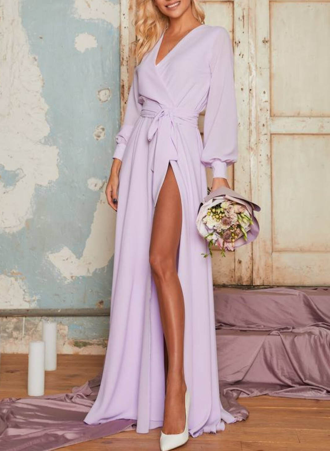 V-Neck Long Sleeves A-Line Chiffon Bridesmaid Dresses