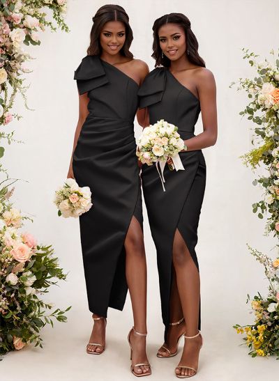 One-Shoulder Sheath/Column Satin Bridesmaid Dresses With Bow