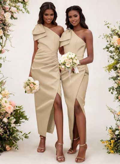 One-Shoulder Sheath/Column Satin Bridesmaid Dresses With Bow