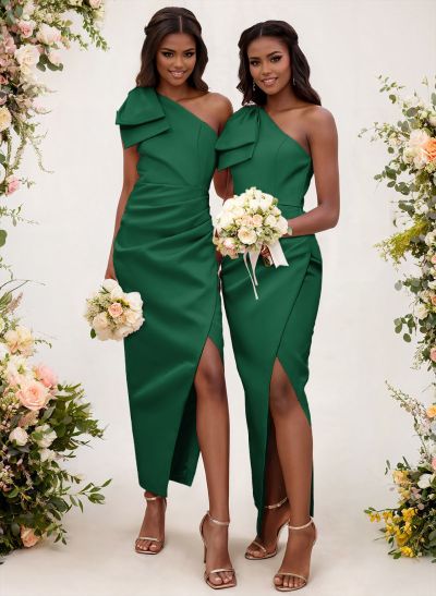 One-Shoulder Sheath/Column Satin Bridesmaid Dresses With Bow