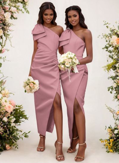 One-Shoulder Sheath/Column Satin Bridesmaid Dresses With Bow