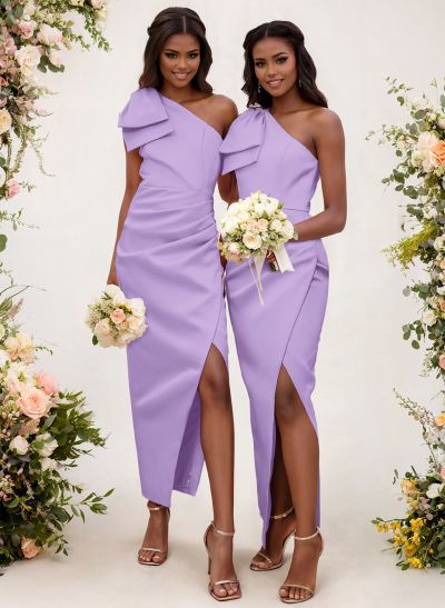 One-Shoulder Sheath/Column Satin Bridesmaid Dresses With Bow