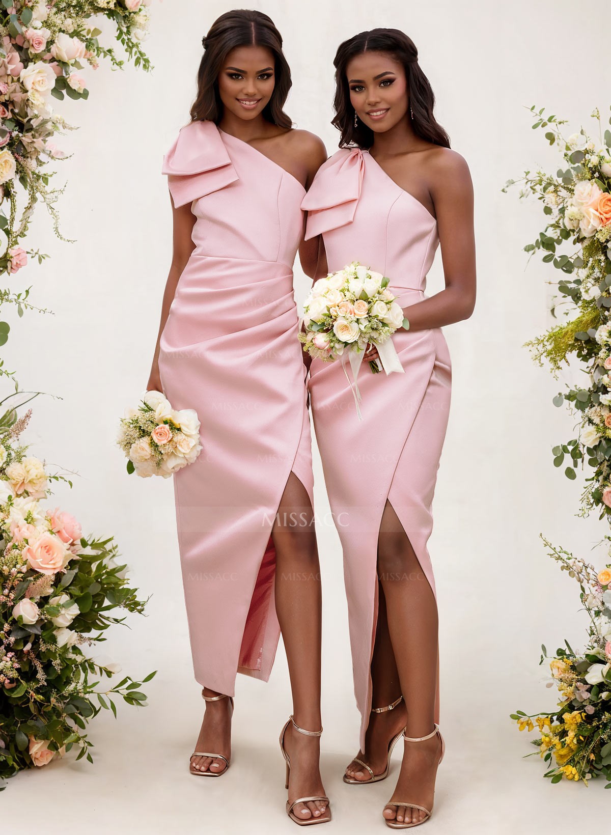 One-Shoulder Sheath/Column Satin Bridesmaid Dresses With Bow