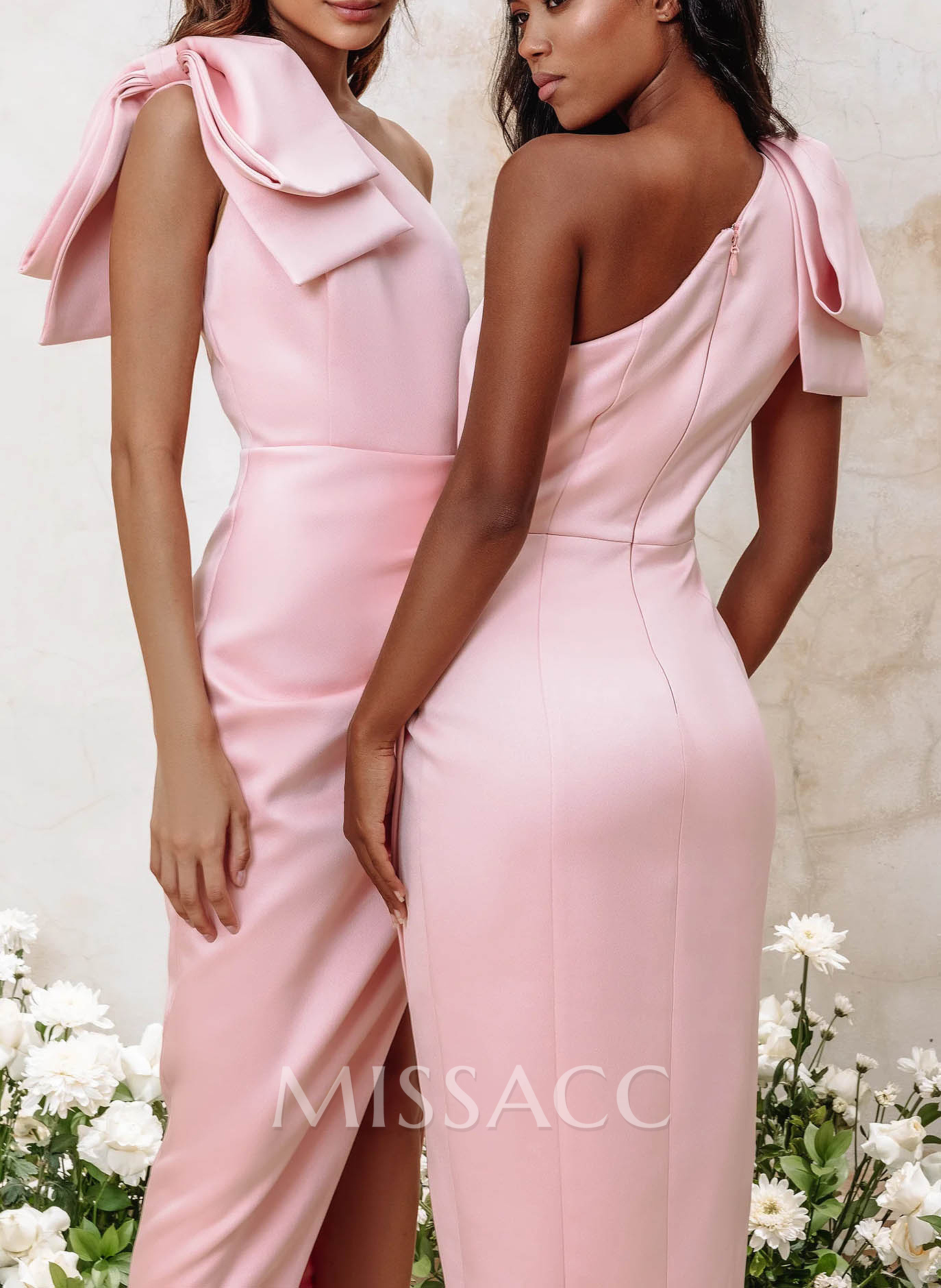 One-Shoulder Sheath/Column Satin Bridesmaid Dresses With Bow