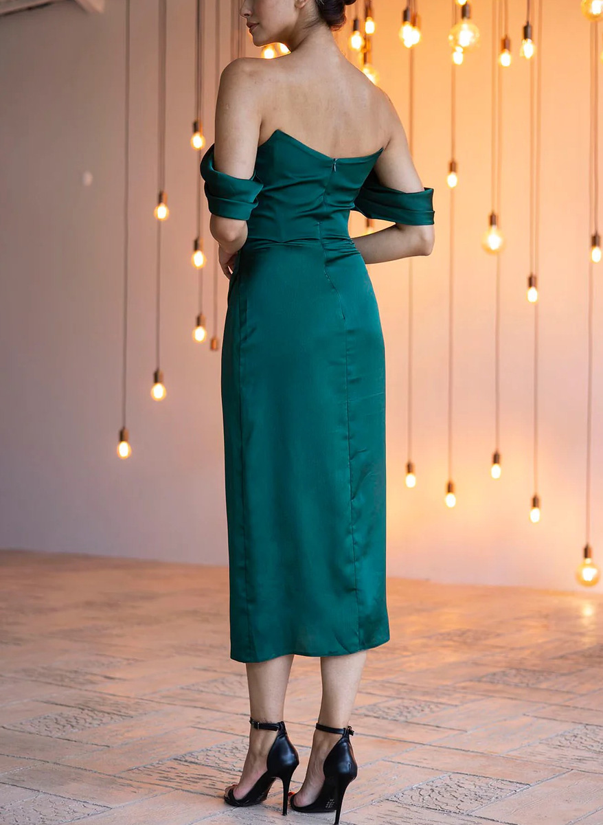 Simple Off-The-Shoulder Tea-Length Satin Cocktail Dresses