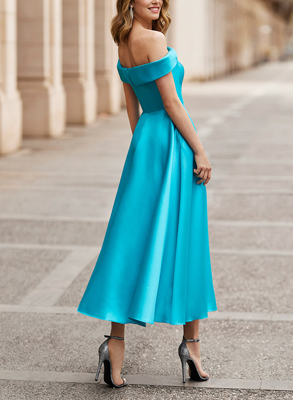 A-Line Off-The-Shoulder Sleeveless Tea-Length Satin Cocktail Dresses