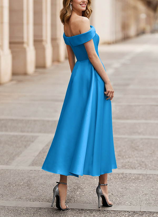 A-Line Off-The-Shoulder Sleeveless Tea-Length Acetate Satin Cocktail Dresses