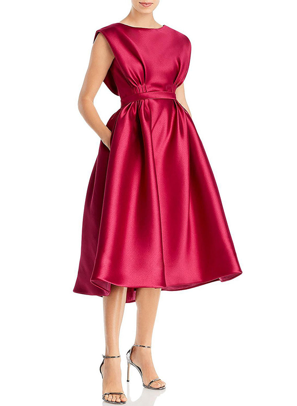 A-Line Scoop Neck Sleeveless Tea-Length Satin Cocktail Dresses With Pockets