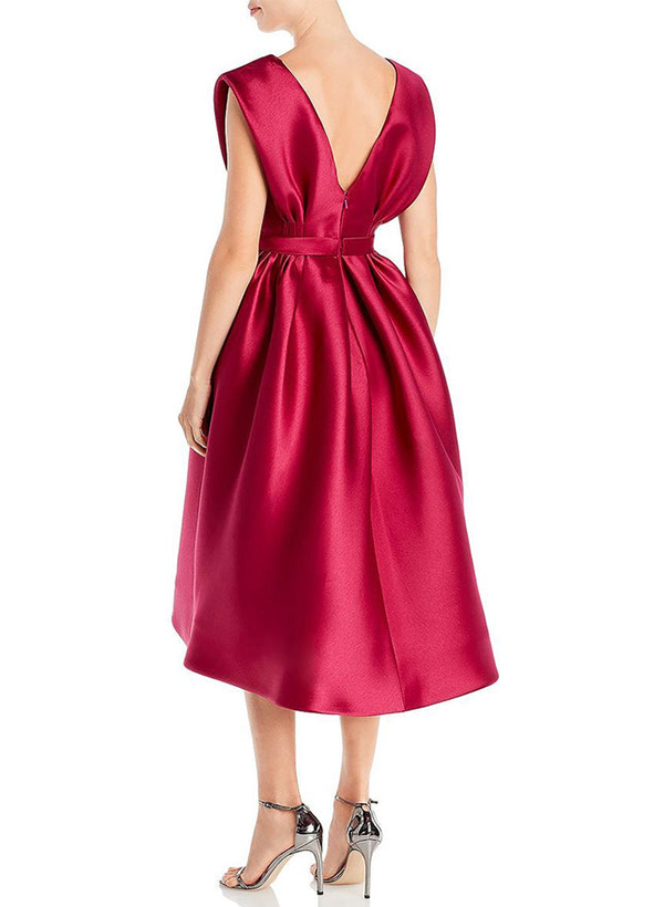 A-Line Scoop Neck Sleeveless Tea-Length Satin Cocktail Dresses With Pockets