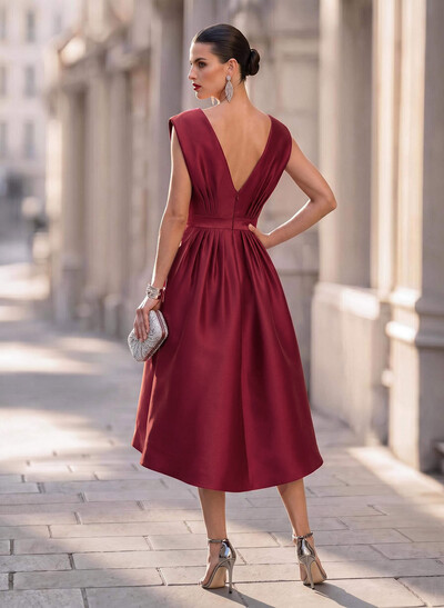 A-Line Scoop Neck Sleeveless Tea-Length Satin Cocktail Dresses With Pockets