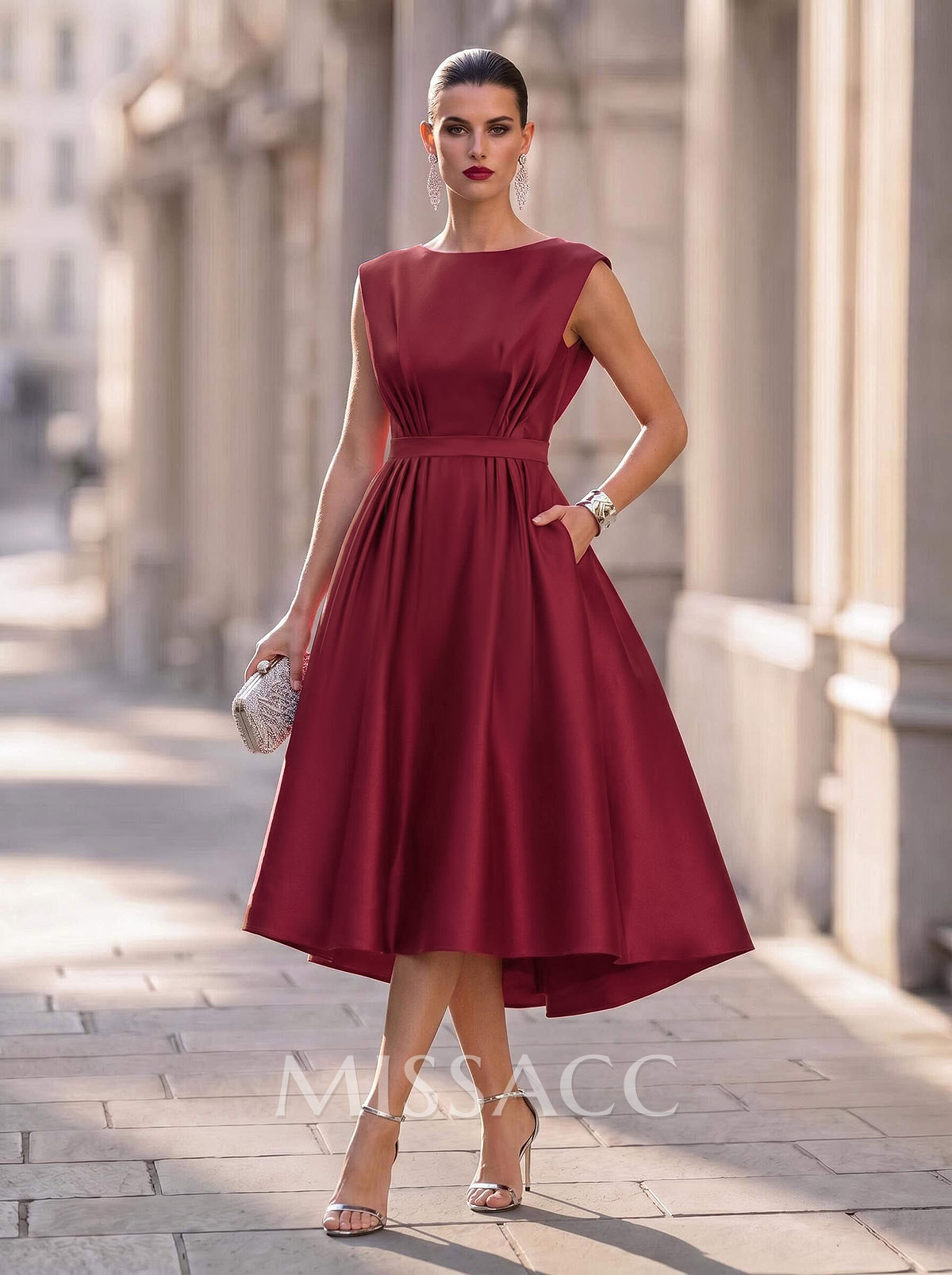 A-Line Scoop Neck Sleeveless Tea-Length Satin Cocktail Dresses With Pockets