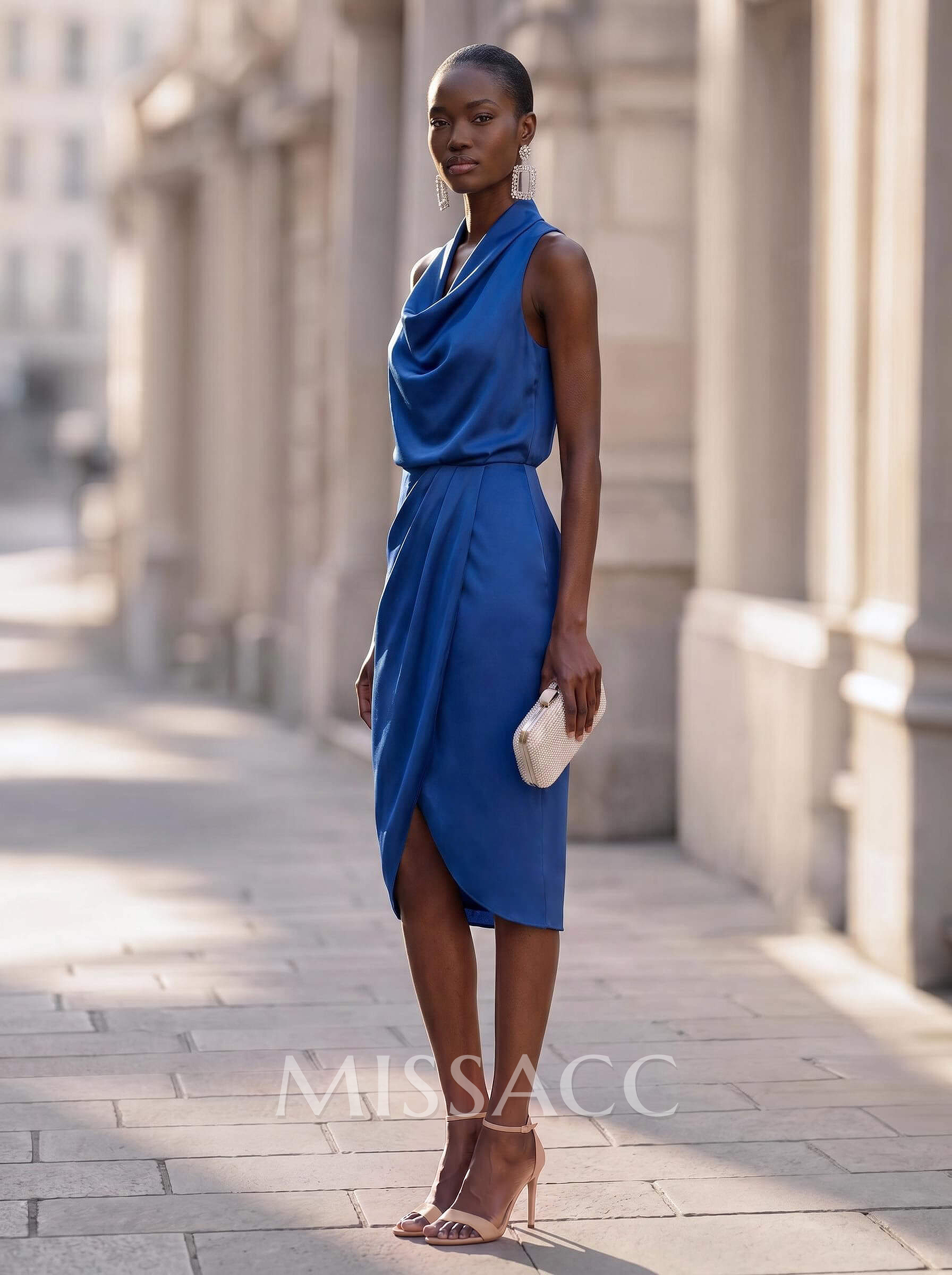 Sheath Cowl Neck Sleeveless Knee-Length Silky Satin Cocktail Dresses
