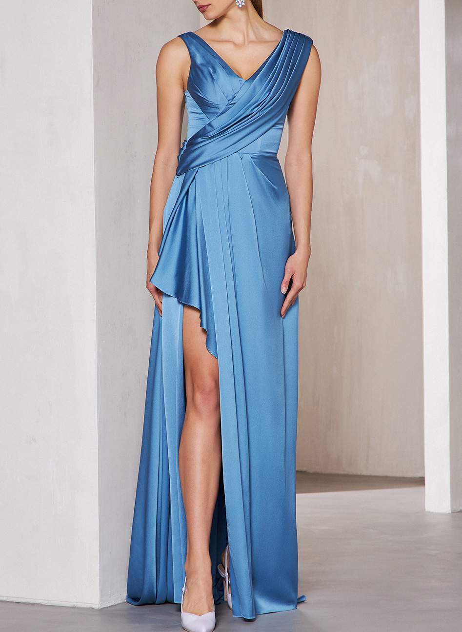 V-Neck A-Line Satin Asymmetrical Evening Dresses
