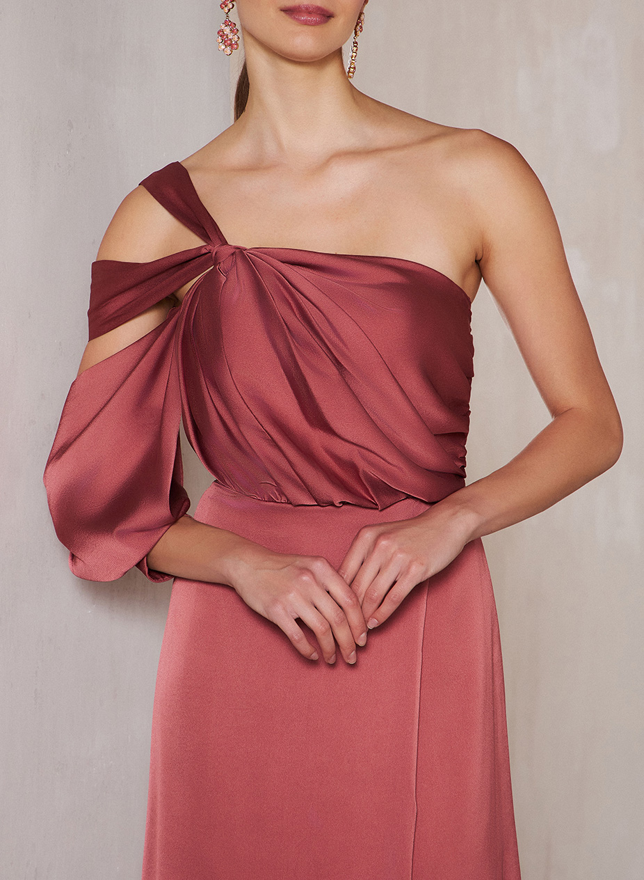 One-Shoulder Long Sleeves Satin Rose Evening Dresses