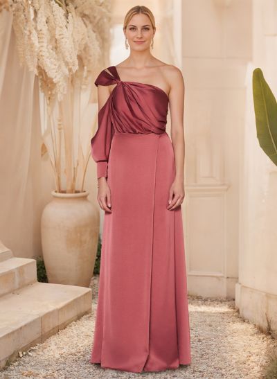 One-Shoulder Long Sleeves Satin Rose Evening Dresses