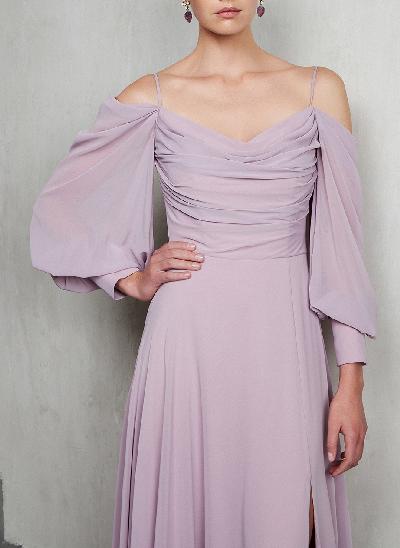 A-Line Chiffon Long Sleeves Evening Dresses With Split Front