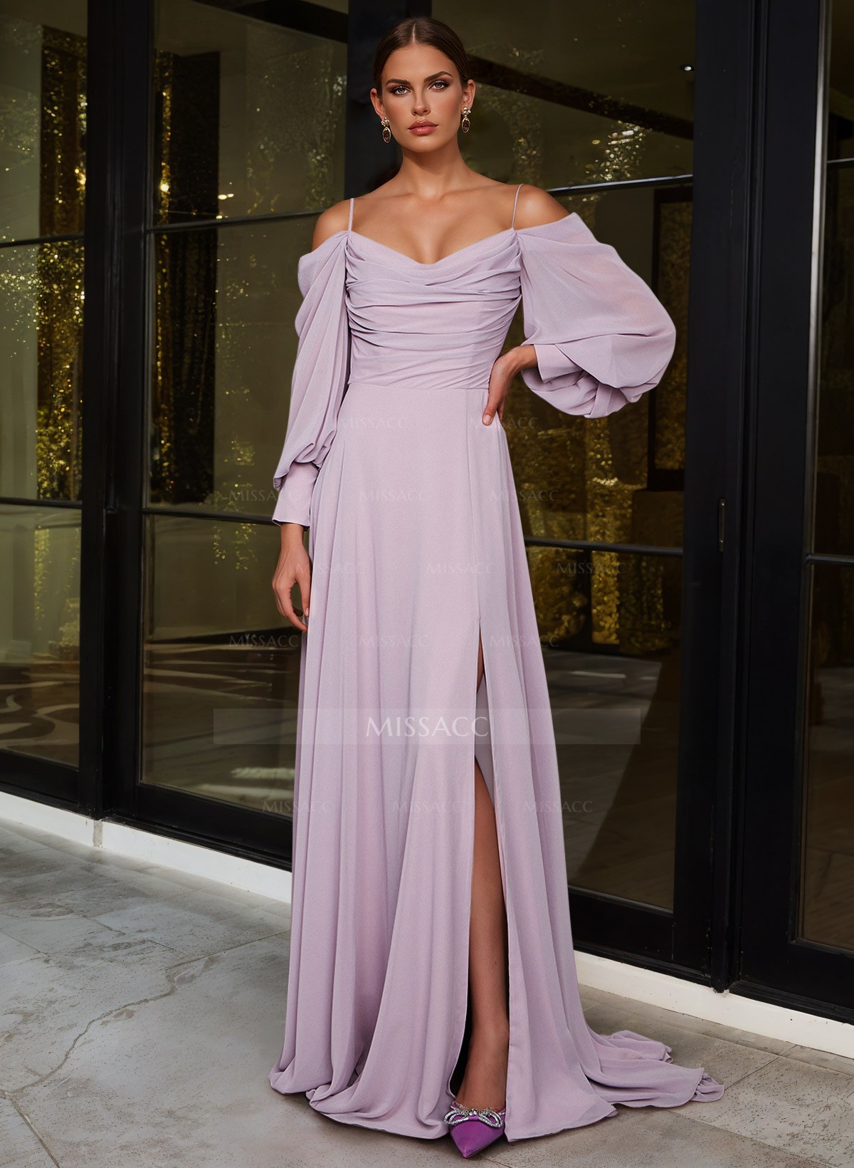 A-Line Chiffon Long Sleeves Evening Dresses With Split Front - Missacc