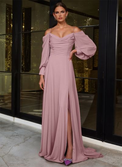 A-Line Chiffon Long Sleeves Evening Dresses With Split Front