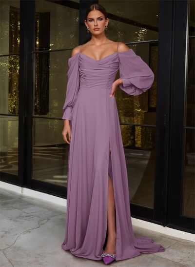 A-Line Chiffon Long Sleeves Evening Dresses With Split Front