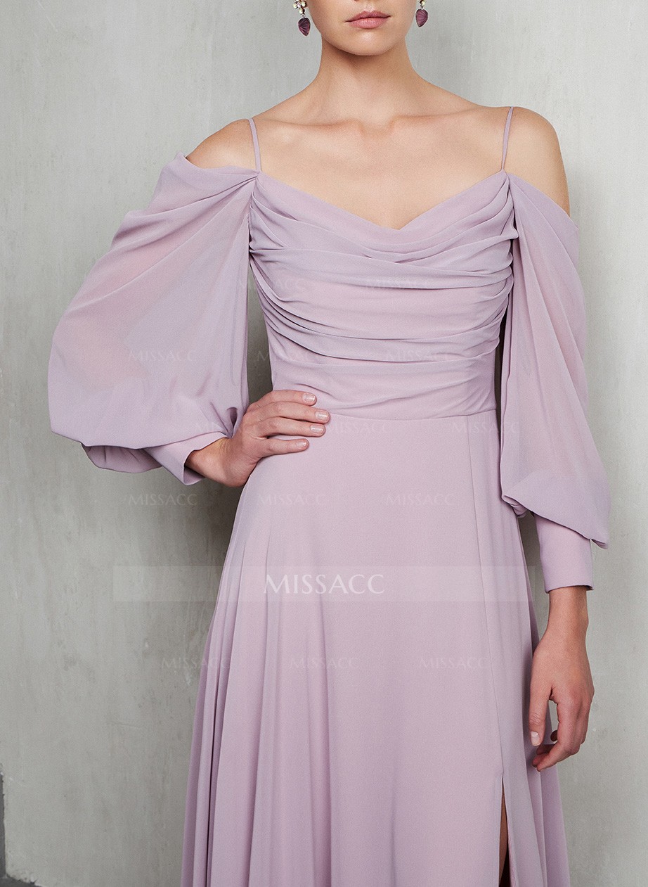 A-Line Chiffon Long Sleeves Evening Dresses With Split Front