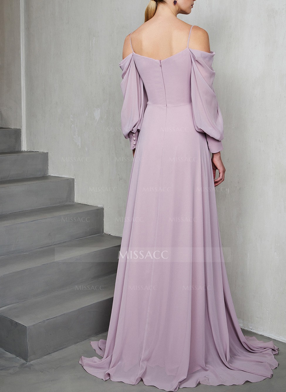 A-Line Chiffon Long Sleeves Evening Dresses With Split Front