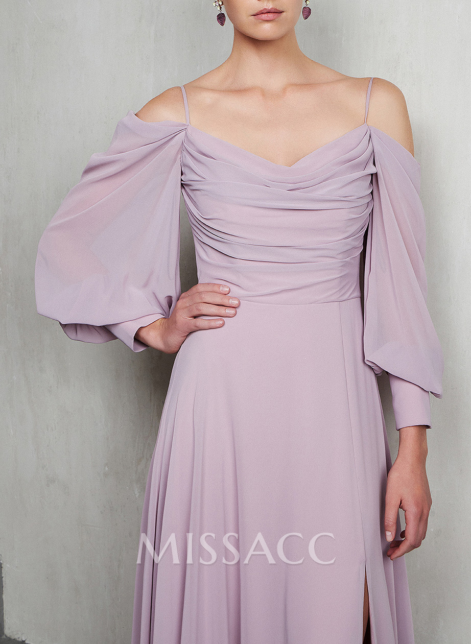 A-Line Chiffon Long Sleeves Evening Dresses With Split Front