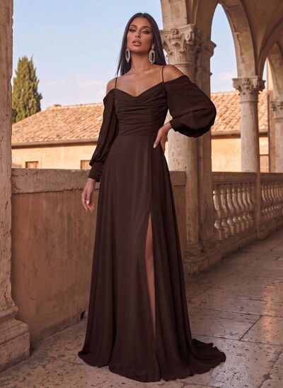 A-Line Chiffon Long Sleeves Evening Dresses With Split Front