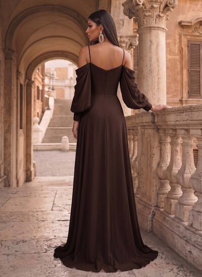 A-Line Chiffon Long Sleeves Evening Dresses With Split Front