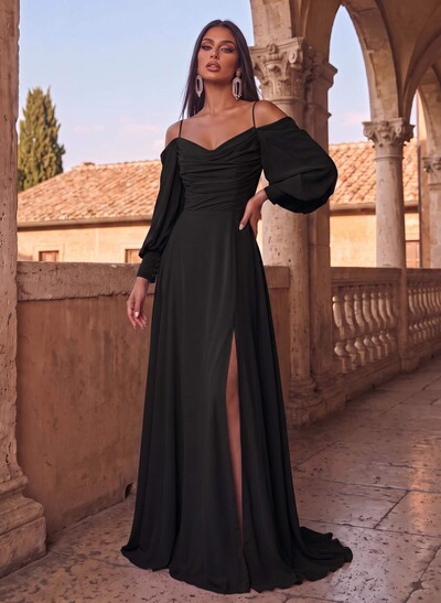 A-Line Chiffon Long Sleeves Evening Dresses With Split Front