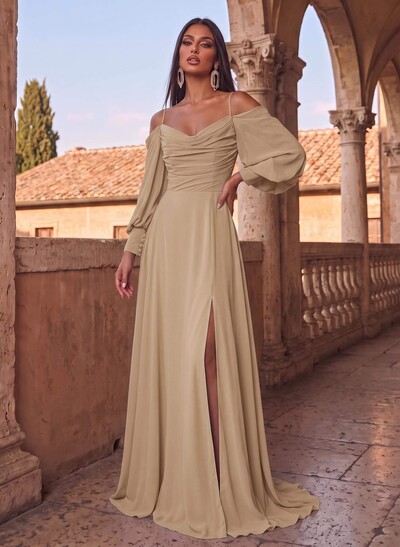 A-Line Chiffon Long Sleeves Evening Dresses With Split Front