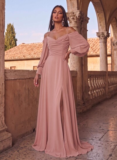 A-Line Chiffon Long Sleeves Evening Dresses With Split Front