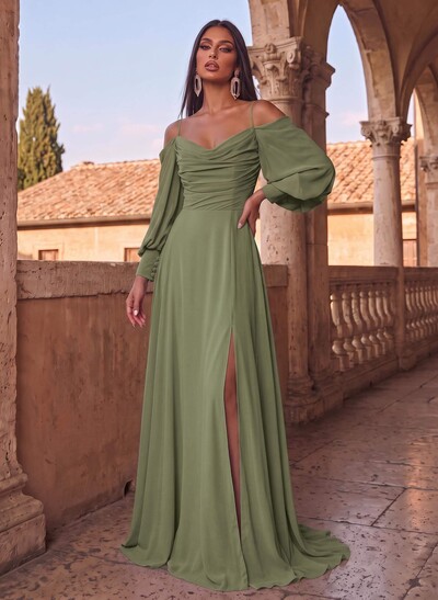 A-Line Chiffon Long Sleeves Evening Dresses With Split Front