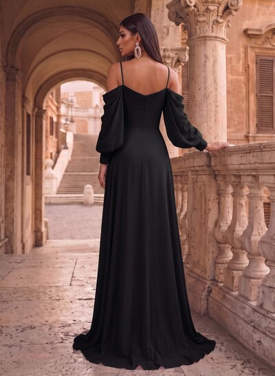 A-Line Chiffon Long Sleeves Evening Dresses With Split Front