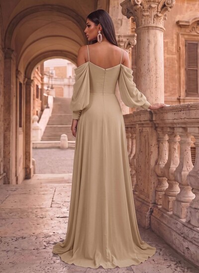 A-Line Chiffon Long Sleeves Evening Dresses With Split Front