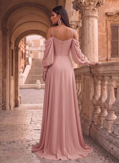 A-Line Chiffon Long Sleeves Evening Dresses With Split Front