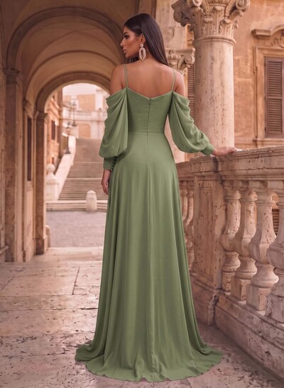 A-Line Chiffon Long Sleeves Evening Dresses With Split Front