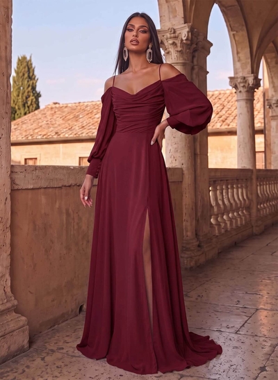 A-Line Chiffon Long Sleeves Evening Dresses With Split Front