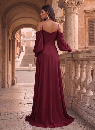 A-Line Chiffon Long Sleeves Evening Dresses With Split Front
