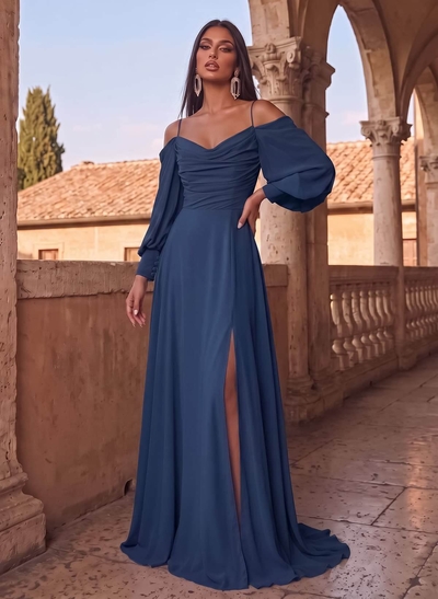 A-Line Chiffon Long Sleeves Evening Dresses With Split Front