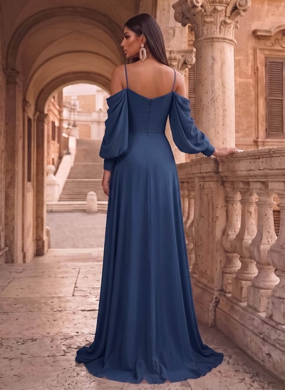 A-Line Chiffon Long Sleeves Evening Dresses With Split Front